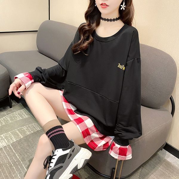 

cotton large size sweater new thin sweater women's korean style loose fashion mid-length fake two-piece ins fashion ogivw, Black