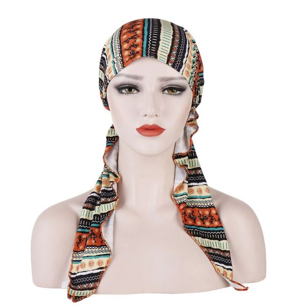 

womens ethnic turban hat pre tied long tail beanie colored geometric stripes head wrap multifunction chemo cap sleep hair cover, Blue;gray