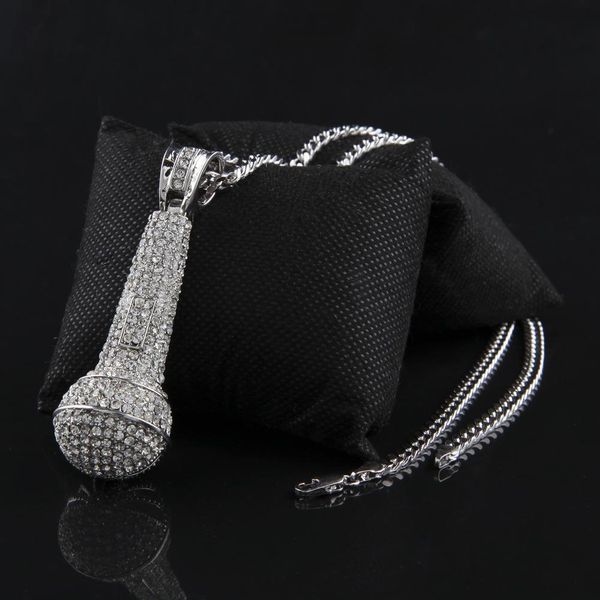

microphone pendant necklace star jewelry men hip hop charm link chain with 28inch bling bling chain, Silver