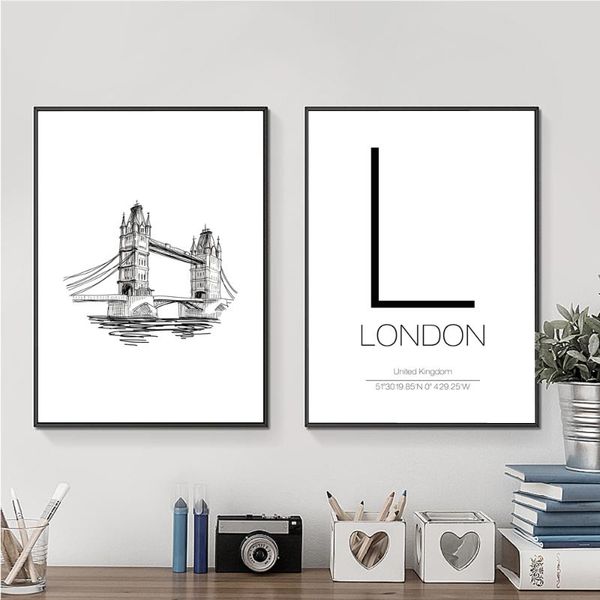 

paintings modern minimalist canvas print painting poster of london tower bridge,frameless line drawing wall picture for home decoration