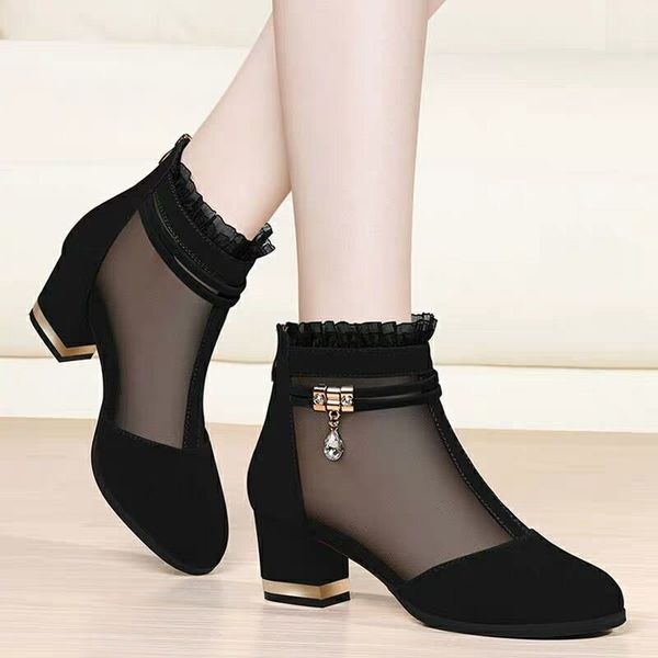 

mesh women's shoes high heels women thick heel women's shoes autumn and winter new black single women
