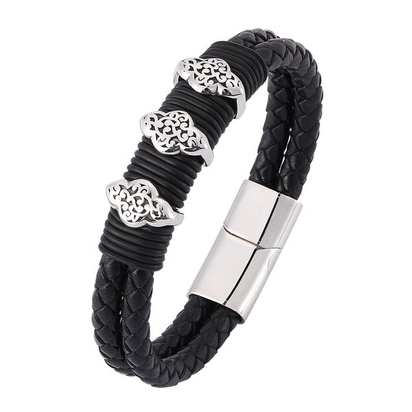 

punk double layer black braided leather bracelet men stainless steel magnetic clasp leather wristband men jewelry c0362, Golden;silver