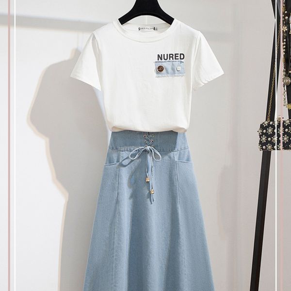 

set denim skirtshort skirt denim skirtsummer new women's tall fashionable skirt hipster two-piece set 6aoin, Gray