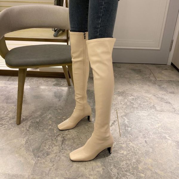 

black beige women over the knee high boots square toe high heels winter shoes ladies stretch fabric women boots big size 42
