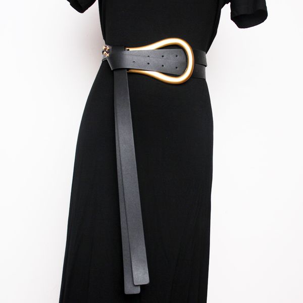 

women double belt metal arc large and small horseshoe buckle super leather belt match with skirt waist seal high waist, Black;brown