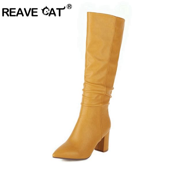 

reavecat winter warm knee high boots slip pull on pointed toe 7cm chunky heels pu slip-on slouchy pleated big size 34-43 c2051, Black