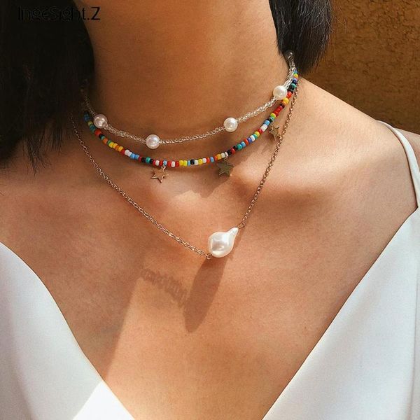 

chokers ingesight.z boho multi layer colorful seed bead choker necklace collar statement imitation pearl pendant women jewelry, Golden;silver