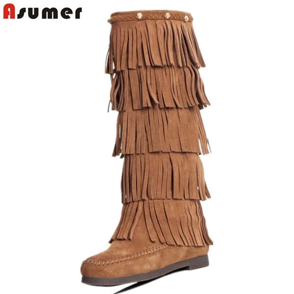 

asumer quality women tassel boots fashion nubuck genuine leather boots flat heel brand winter round toe knee high, Black
