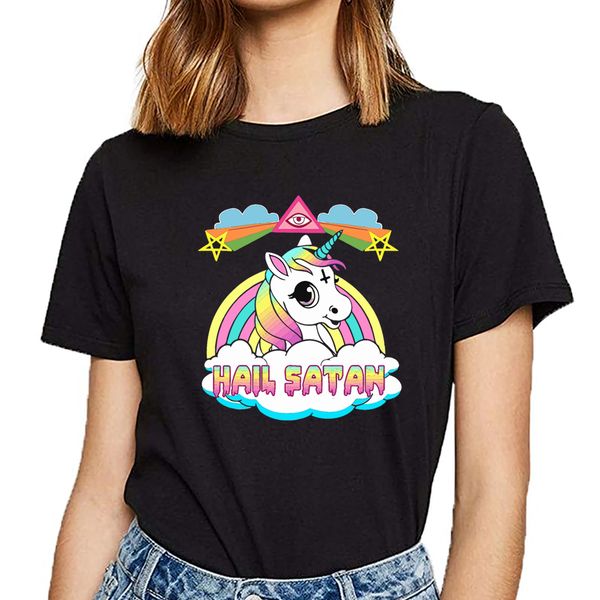 

t shirt women hail satan unicorn rainbow painting drawing design vogue vintage custom female tshirt
