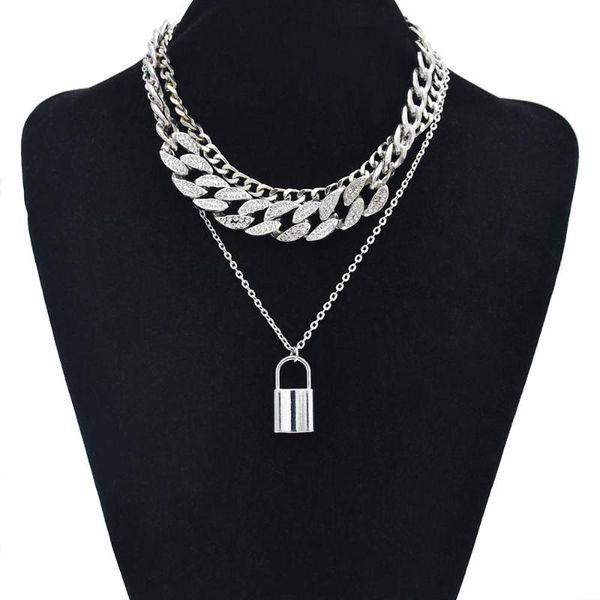 

fashion multi layer lover lock pendant choker crystal necklace steampunk heart chain necklace collier couple jewelry gift, Silver