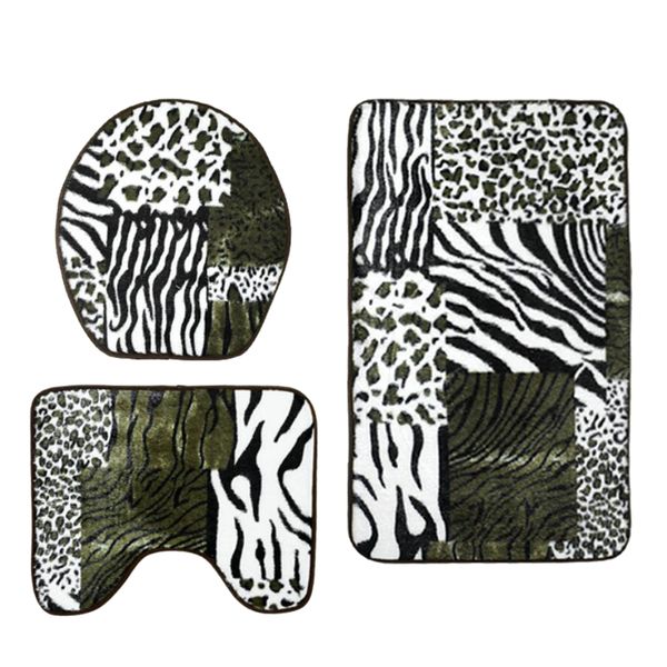

3 pieces animal print flannel toilet lid non slip bath mat bathroom rug set