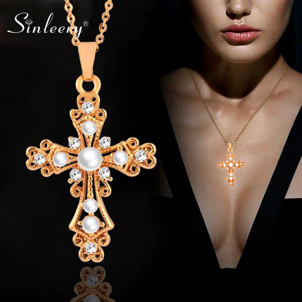 

sinleery vintage baroque simulated pearl hollow cross pendant necklace gold color chain for women statement jewelry xl283 ssh, Silver