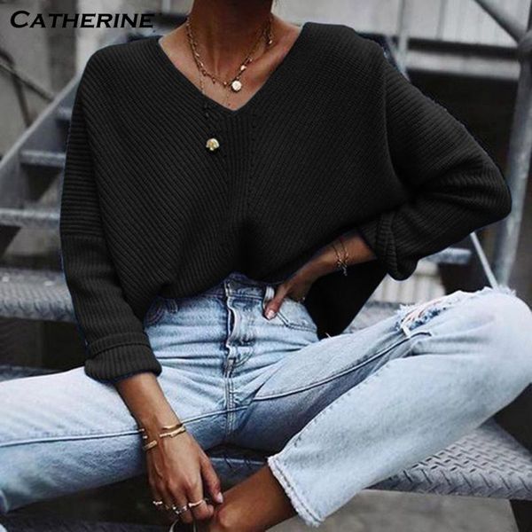 

autumn women black v-neck pullover sweater lazy oaf loose solid color casual sweater knitted oversize streetwear pullovers, White;black