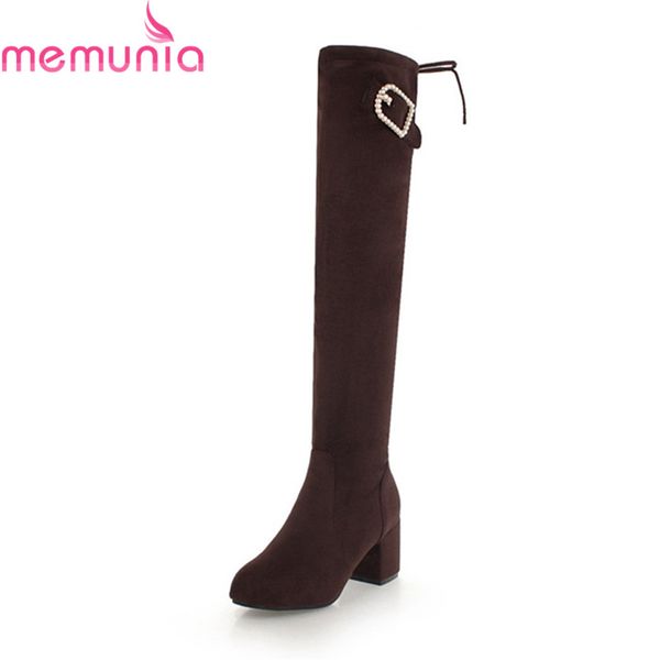 

memunia new arrival 2020 long boots womens round toe with string bead over the knee high boots flock 6.5cm thick heels, Black
