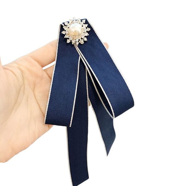 

women long ribbon bow tie faux pearl rhinestone flower brooch pin shirt necklace axyd, Blue;purple