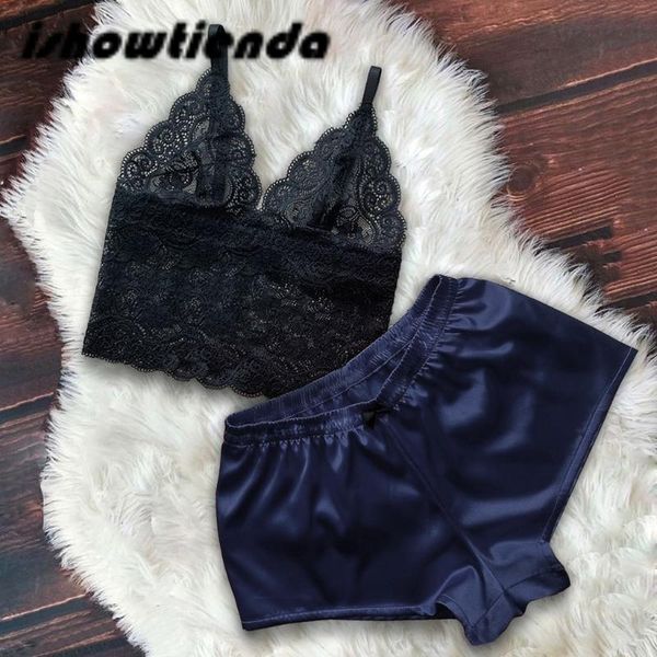 

women's sleepwear floral lace bralette with satin shorts lingerie set women 2021 summer sets ladies bra and panty underwear pajama, Black;red