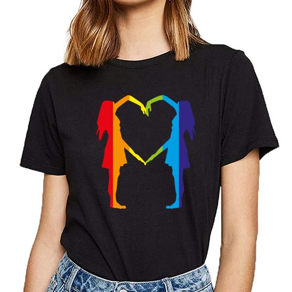 

t shirt women women gay lesbian couple lgbt flag heart casual black print female tshirt