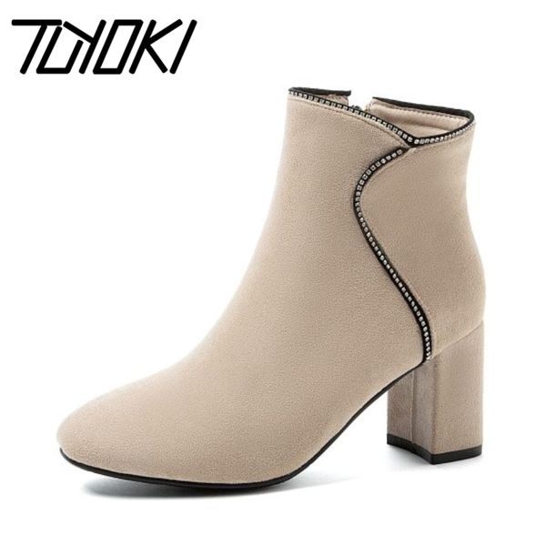 

tuyoki new fashion ankle boots round toe thick heel zipper flock classic shoes solid rhinestone ladies footwear size 33-43, Black