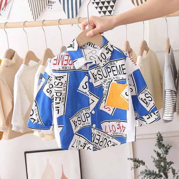 

2020 summer new style children casual cartoon full printed lettered long sleeve shirt men and women baby infant children's wear, Blue;gray
