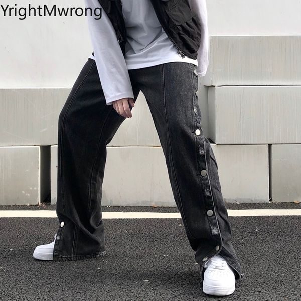 

harajuku streetwear dark hip hop woman man side single breasted button denim pant jeans loose straight boyfriend baggy korean, Black;white