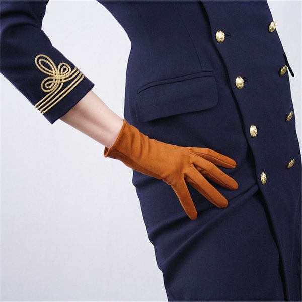 

five fingers gloves suede 21cm brown scrub brushed emulation leather imitation sheepskin matte caramel female short style wjp26, Blue;gray