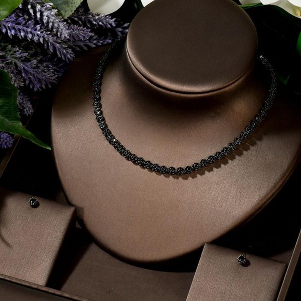 

hibride trendy wedding necklace earrings for women accessories black stone bridal jewelry sets pendientes mujer moda n-180, Silver