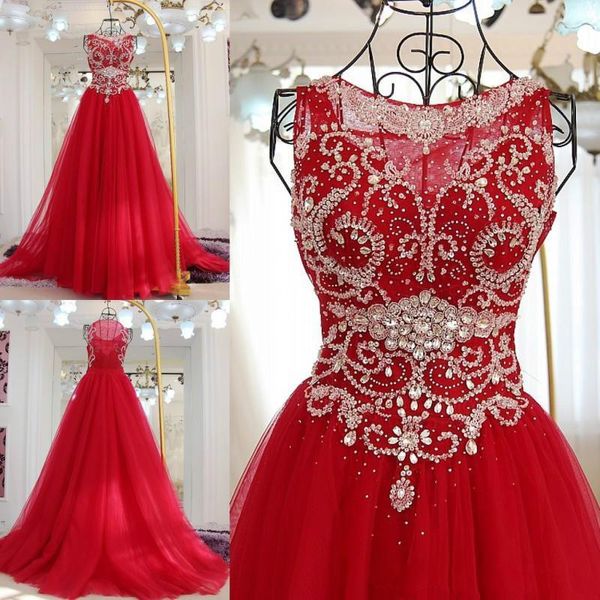 Vestido De Noiva Shiny Perlen Kristall Prom Kleider Red Scoop Prom Kleid Frauen Formale Kleid Party Kleider