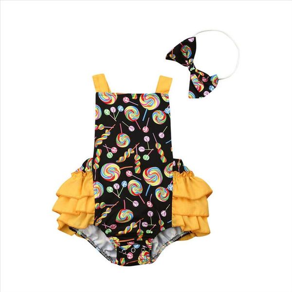 

0 24m infant baby girl jumpsuits headband clothes sleeveless belt ruffles print bodysuit outfit summer drop shipping, Blue