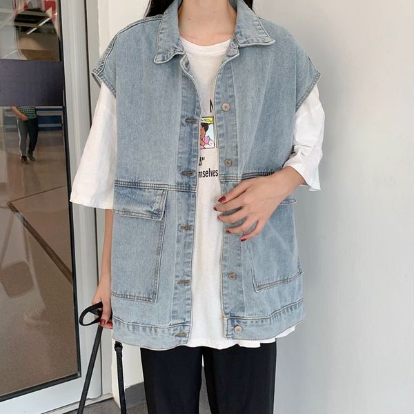 

women's vests 2021 korean style sleeveless jacket long spring autumn ulzzang pockets turn-down collar loose clothing harajuku, Black;white