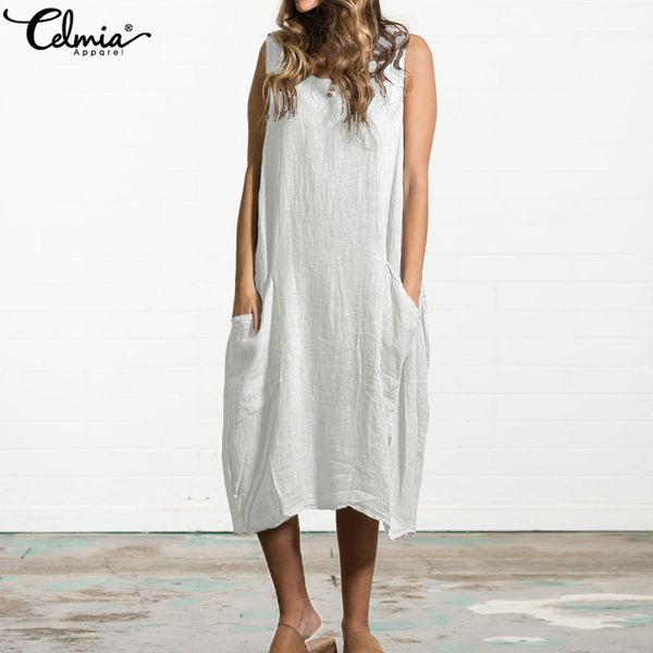 

celmia plus size 5xl women sleeveless summer dress 2020 female pockets loose shirt dresses casual ruffle midi vestidos robe, Black;gray