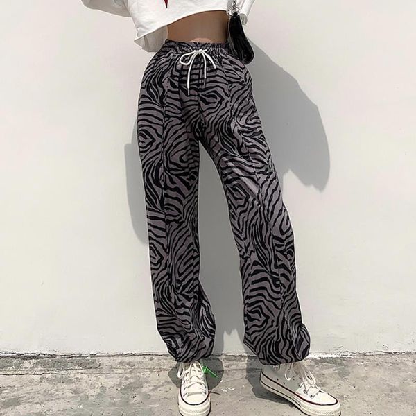 

y2k aesthetics zebra print drawstring sweatpants women high waist pants e-girl streetwear joggers hip hop outfits 90s trousers, Black;white