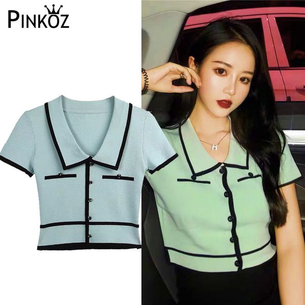 

pinkoz casual daily blue knitting fake single breasted short elegant vintage women buttons summer 2020 sweet, White