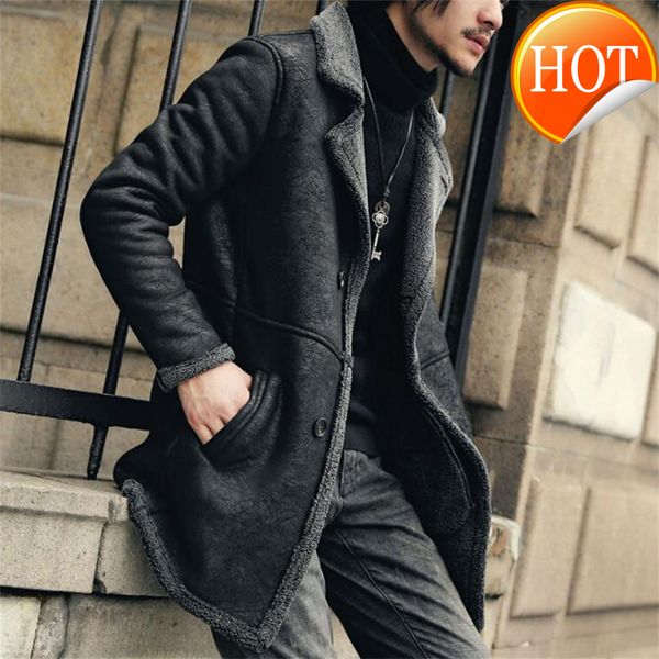 

men's artificial new suede leather jacket lamb lining winter coat men leather pea coat genuine wool lining jacket men, Black
