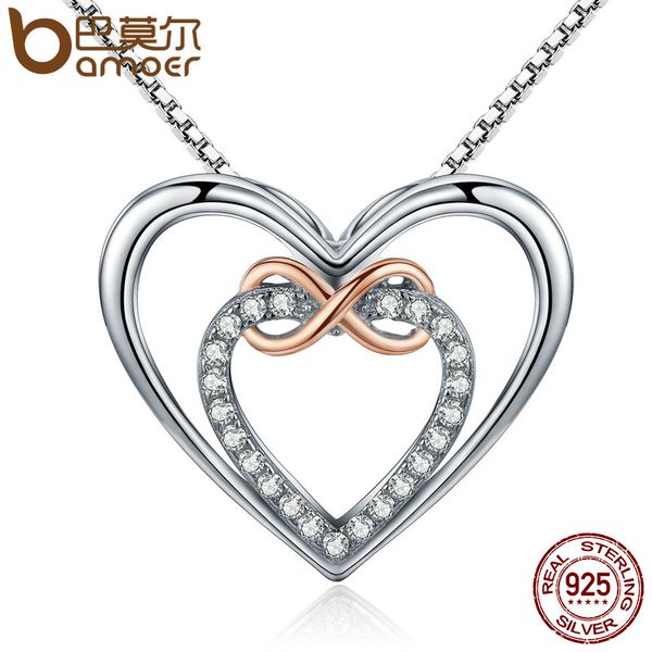 

bamoer authentic 925 sterling silver elegant infinity love double heart pendant necklaces for women fine jewelry gift scn121