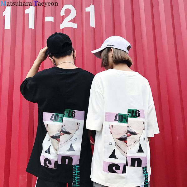 

2019 summer harajuku t shirt men hip hop hand-painted print o-neck cool short sleeve lover t-shirts male loose couple tee top