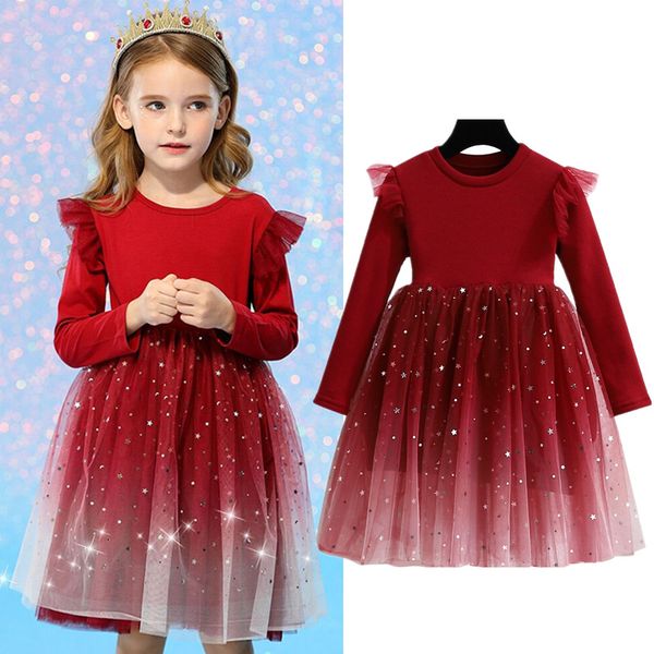

girls red christmas dress kids winter long sleeve lace sequins princess dress party gown children new year costume red clothing, Red;yellow