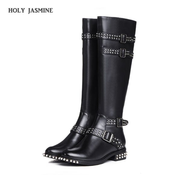 

2020 zip autumn winter shoes woman long knee high boots designer rivets leather bota feminina studded thigh high bottines femmes, Black