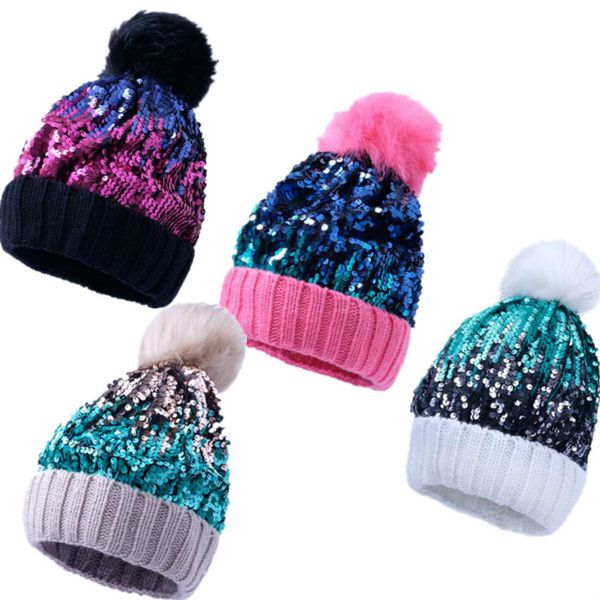 

sequins beanies women men teenages pom skull caps reversible sequined winter hats with fur ball sports ski warm knitting toque ly914, Yellow