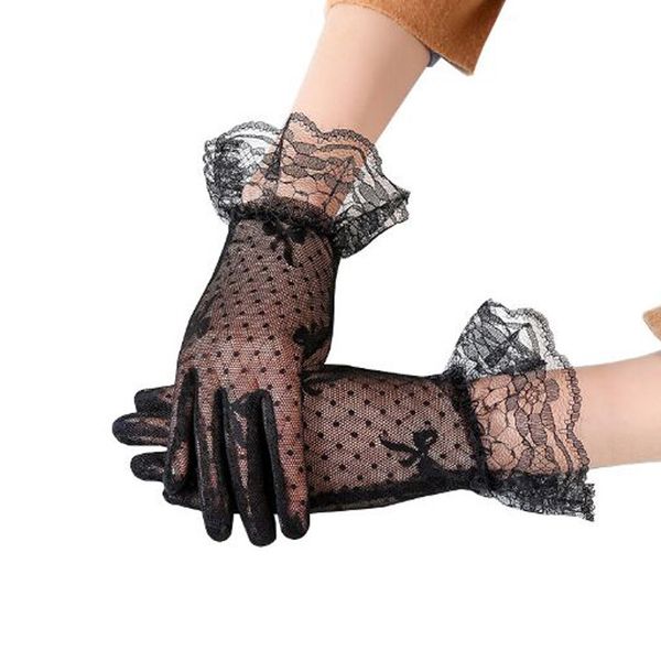 

five fingers gloves xeongkvi european net yarn bride black lace driving summer sunscreen women wrist mittens, Blue;gray