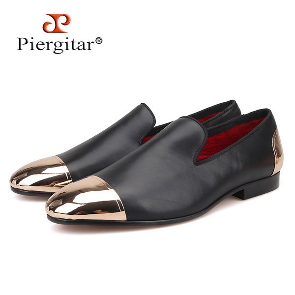 

piergitar 2020 handmade genuine leather men shoes with front and back gold metal fashion party and prom slip-on men's loafers, Black