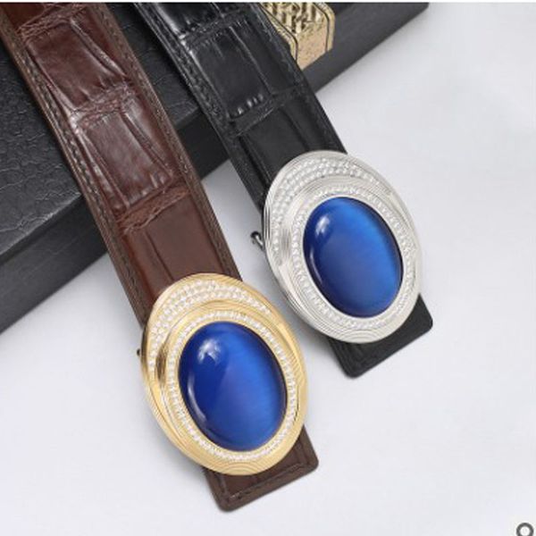 

hujingsha thai siamese crocodile belt men's belt leather leisure 3.8 diamond blue stone buckle men, Black;brown