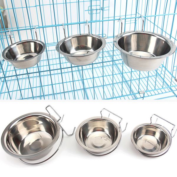 

stainless steel hanging bowls pet cage single bowl kennel coop stationary food water cup puppy feeding dish bird cat dog feeder