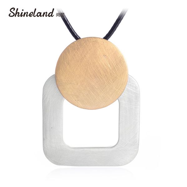 

shineland 2020 punk black pu leather handmade wire drawing round square long necklace pendant for women statement bijoux, Silver