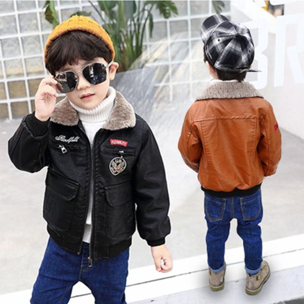 

children outwear leather coat boy plus velvet leather jacket toddlers fashion cool style jacket kids plush lapel zipper clothing, Blue;gray