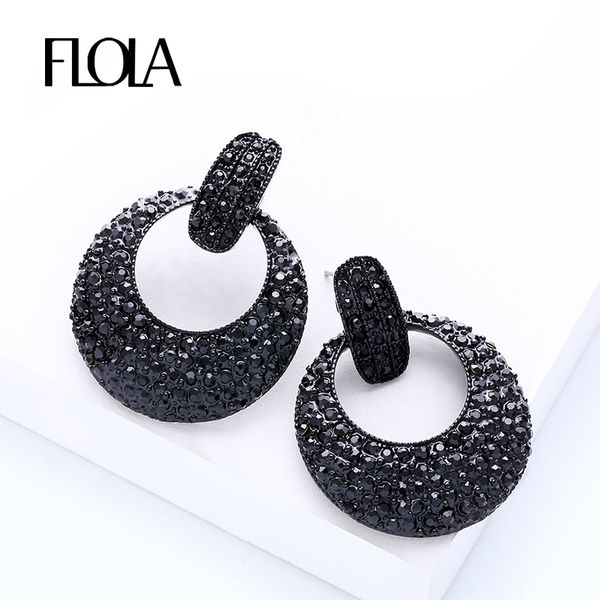 

flola new fashion crystal 2020 round earrings black punk hoop statement earrings jewelry dangle rhinestone jewelry brinco ersm30, Golden;silver