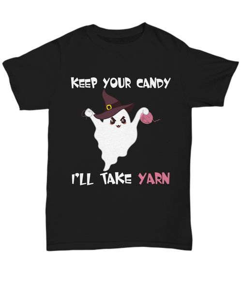 

funny halloween knitting t shirt costume women tee gift keep candy i take yarn cartoon t shirt men new fashion tshirt
