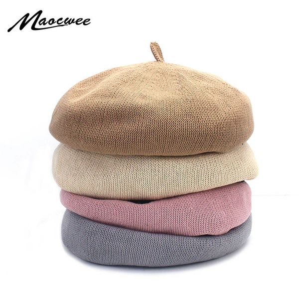 

berets spring and summer fashion breathable hat ladies cotton linen solid color beret french artist knitted, Blue;gray
