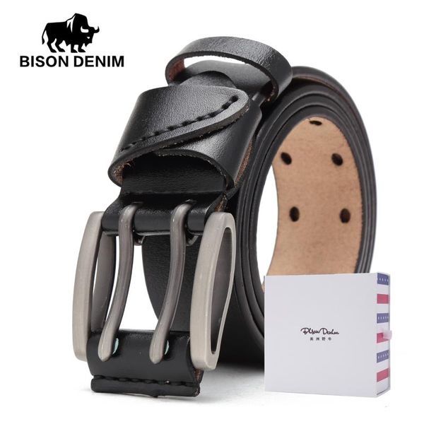 

belts bison denim men belt genuine leather male vintage buckle waistband for christmas year gift n71247, Black;brown