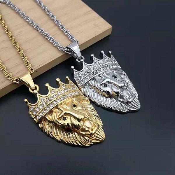 

pendant necklaces hip hop rhinestones paved bling gold stainless steel male lion animal necklace for men rapper jewelry drop, Silver