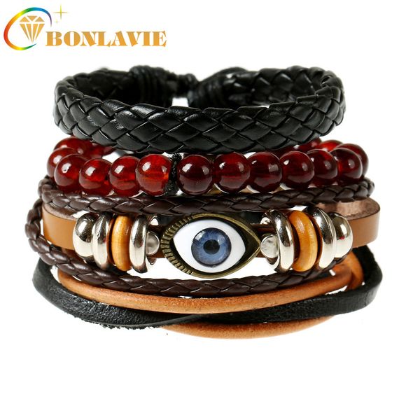 

charm bracelets multilayers vintage ethic rope chain men's bracelet punk diy turkish eye weave cow leather beads bangles, Golden;silver